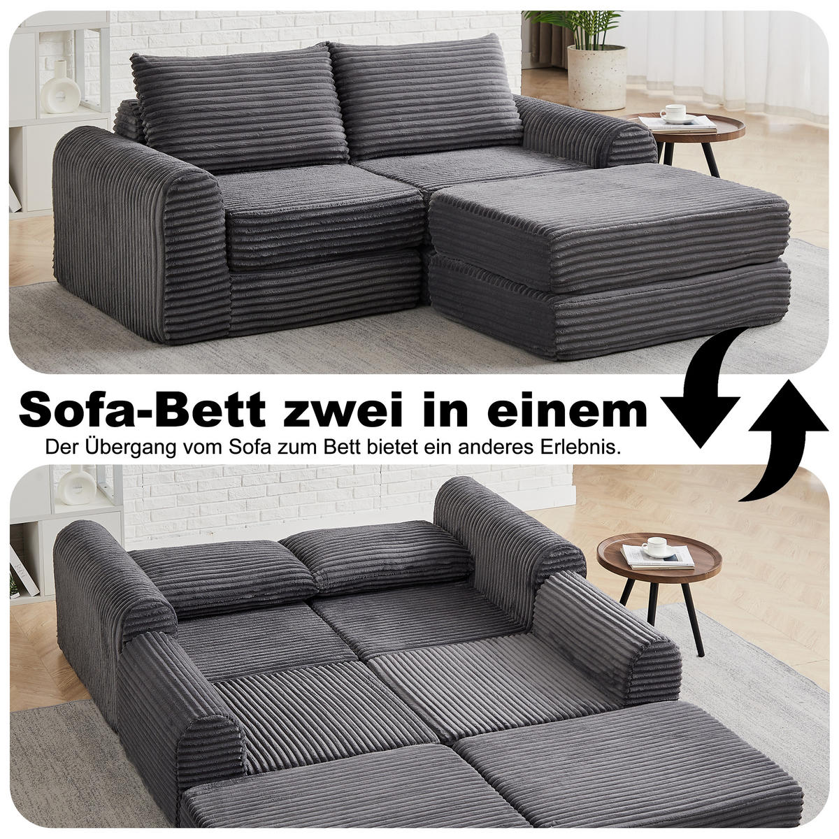 SCHLAFSOFA, Cord mit modularem Aufbau & abnehmbarer Fußstütze, 243/194/53 cm, Grau - Grau, Textil (243/53/194cm) - Redom