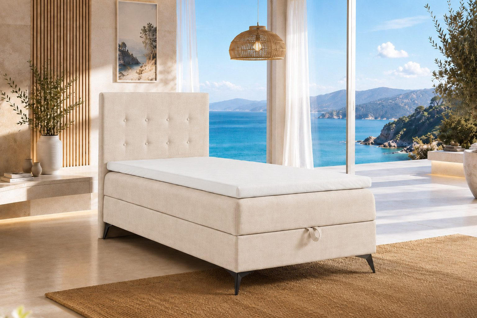 BOXBETT K15 Single SLIM mit Bettkasten & Bonell-Federkern inkl. Topper - Beige, Holz/Textil (200/90cm) - Best For Home
