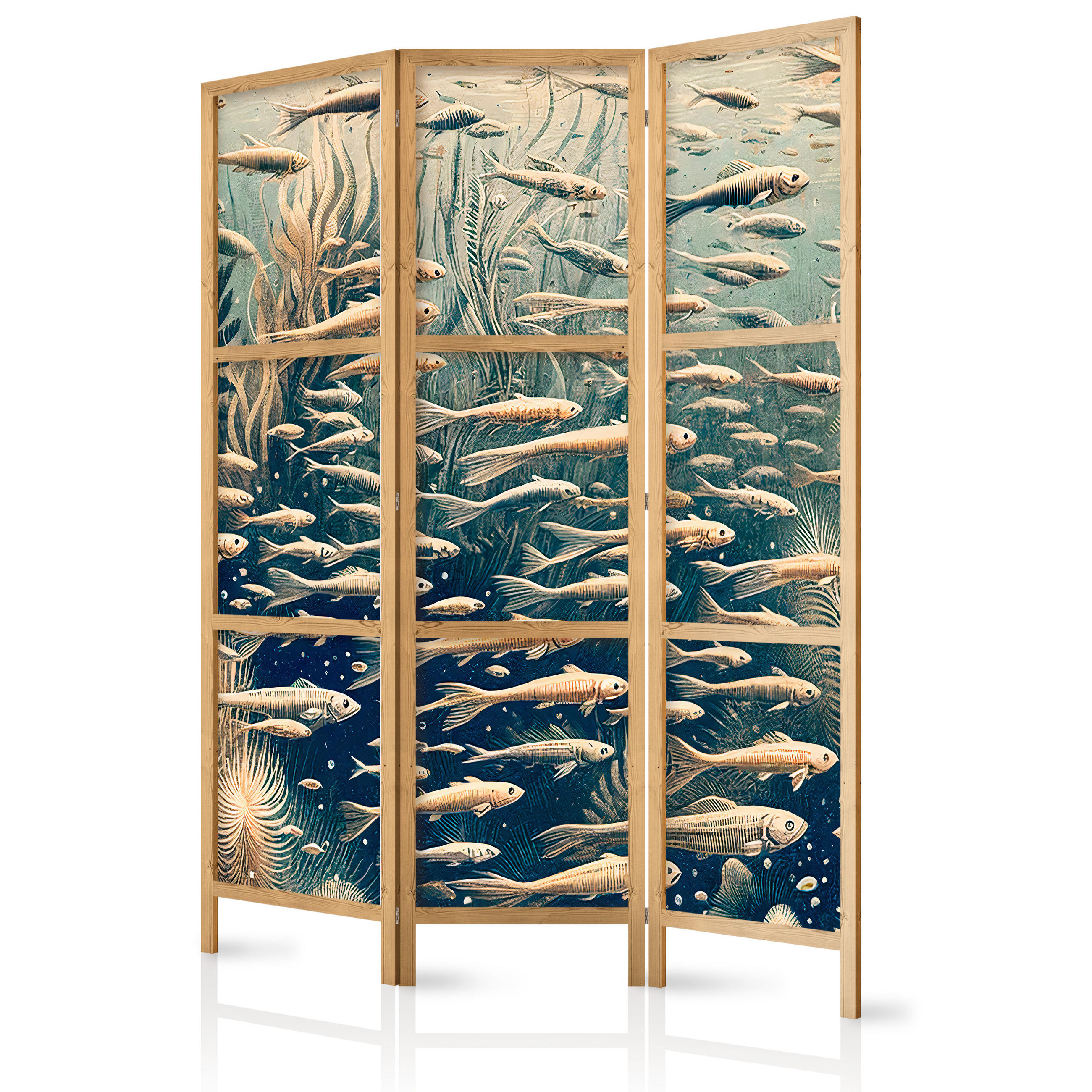 PARAVENT Japanischer 3-tlg 135x172 cm Retro Fische und Pflanzen - Beige, Holz/Textil (135/172/3cm) - Muralo