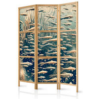 PARAVENT Japanischer 3-tlg 135x172 cm Retro Fische und Pflanzen - Beige, Holz/Textil (135/172/3cm) - Muralo