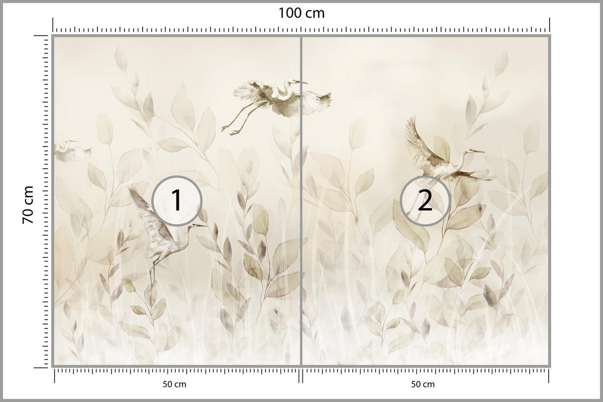 FOTOTAPETE Vögel Blätter Wiese Retro Stil 100x70 - Beige, Papier (100/70cm) - Muralo