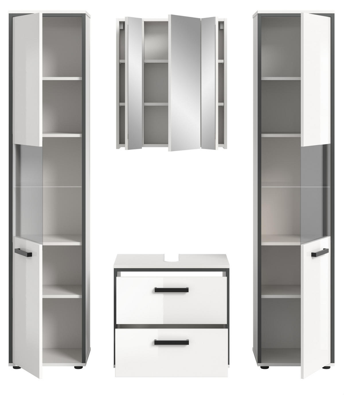 BADMÖBEL-SET 4-teilig Set weiß Hochglanz, grau, Badezimmermöbel mit viel Stauraum - Weiß Hochglanz/Schwarz, Glas/Holzwerkstoff (170/188/37.5cm) - Inn.Furn