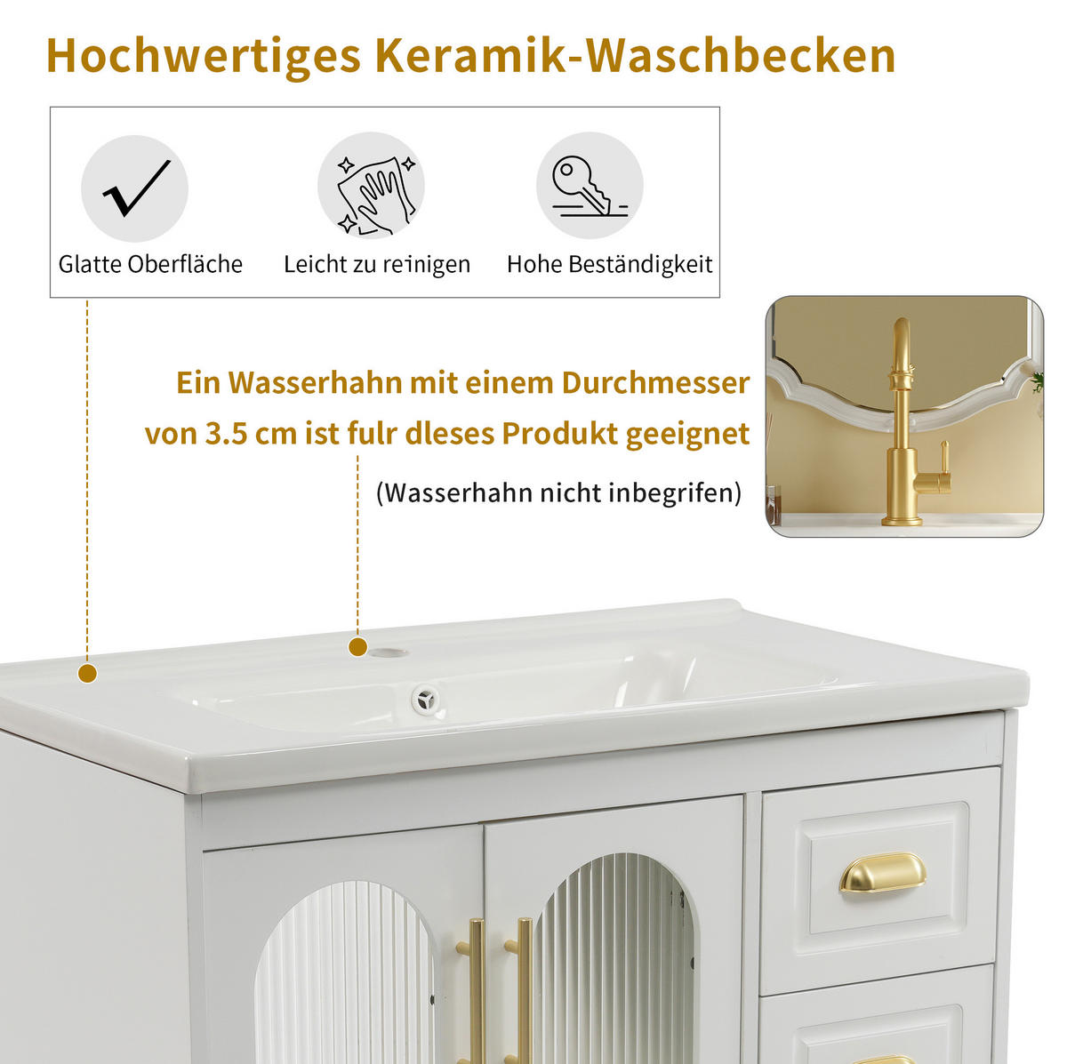 WASCHTISCH mit Unterschrank aus MDF und Porzellan 80x47x90 cm Weiß mit 3 Schubladen und Stauraum - Weiß, Holzwerkstoff (80/90/47cm) - Modfu