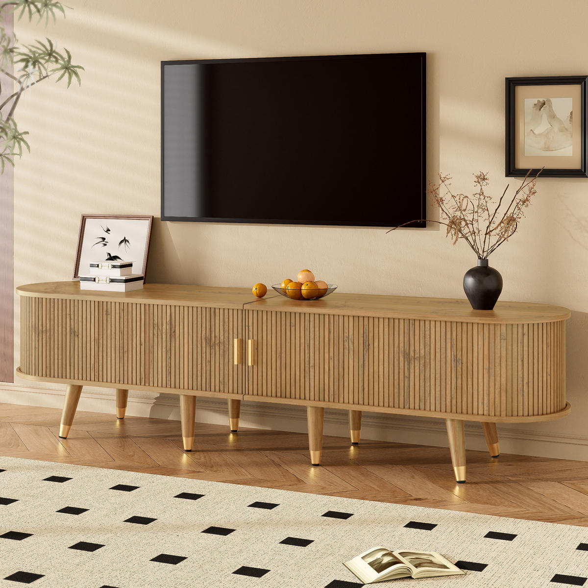 LOWBOARD TV-Schrank Walnuss Rattan Schiebetür mit Stauraum Gold Akzente Boho Retro Design Holz/Spanplatte - Naturfarben, Holzwerkstoff (175/45/38cm) - EVRYAE
