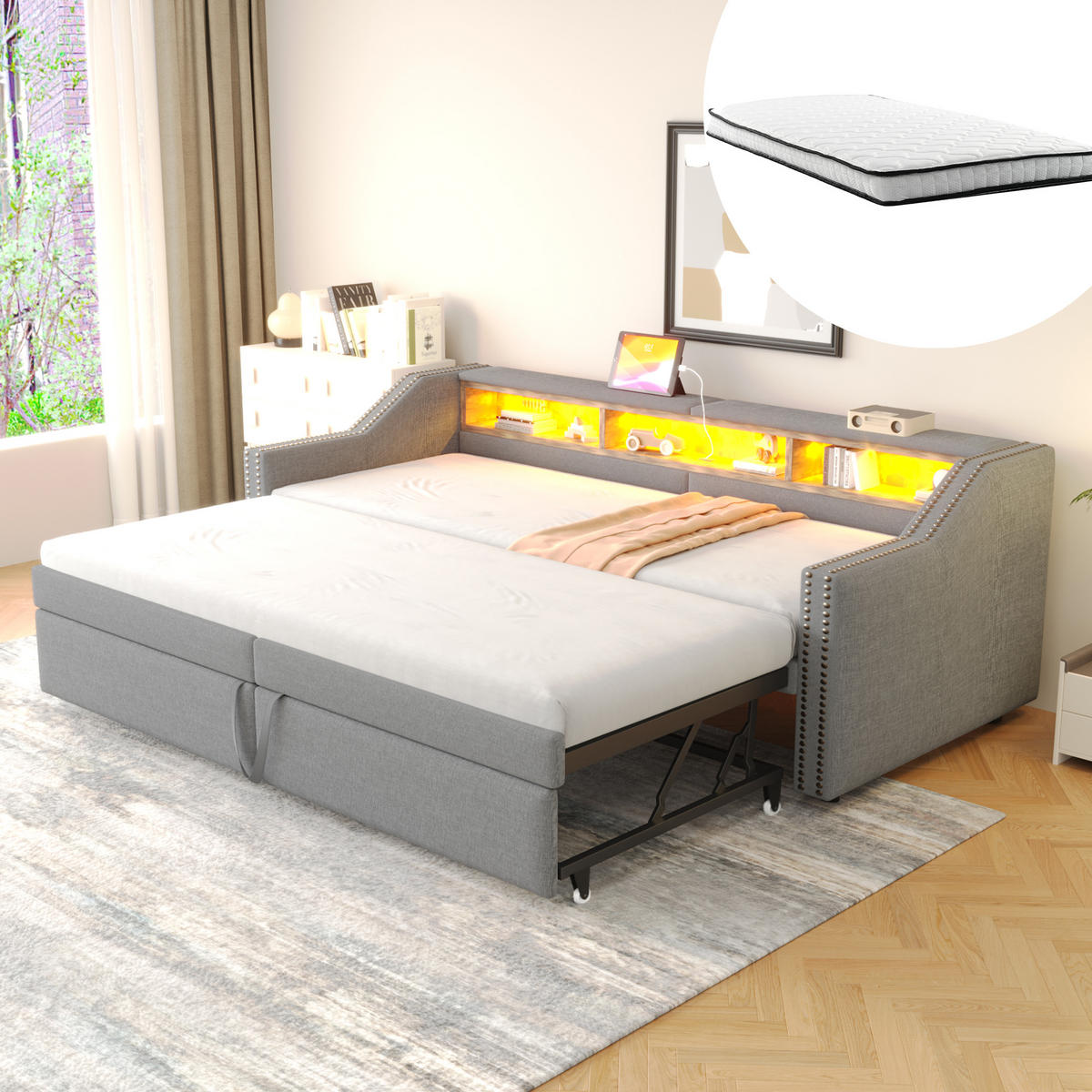 MULTIFUNKTIONSBETT 90/200 cm und 180/200 cm Hellgrau mit Ausziehbarem Schlafsofa und LED-Beleuchtung Mit Matratze - Hellgrau, Textil (90/200cm) - OKWISH