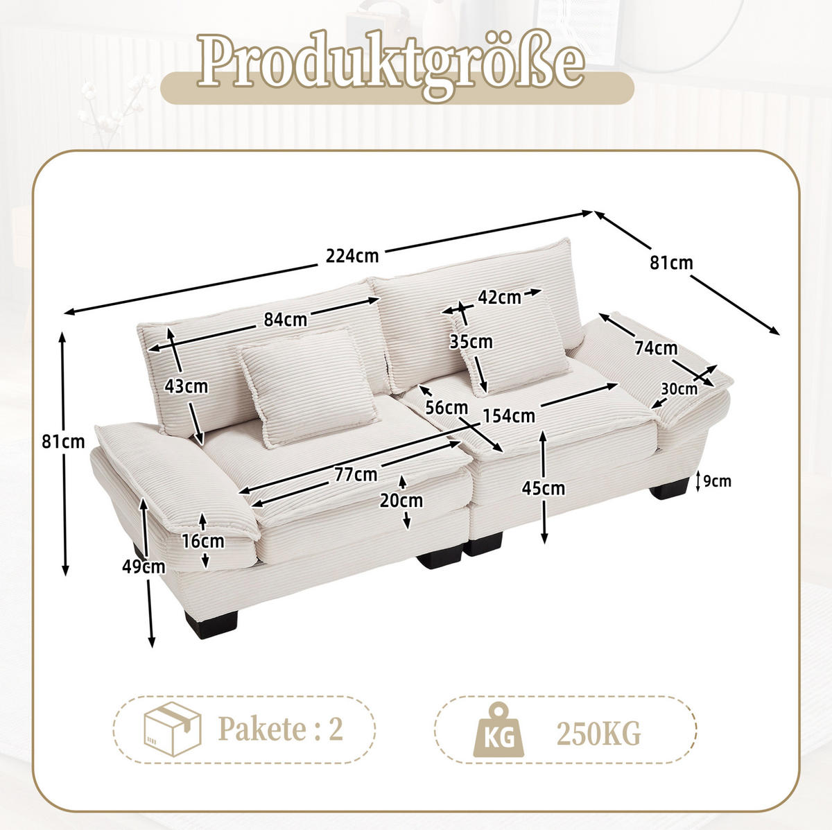 2-SITZER Sofa Samt mit ultratiefem Sitz und Kissen 224/81/81 cm Beige - Beige, Textil (81/224/81cm) - Redom