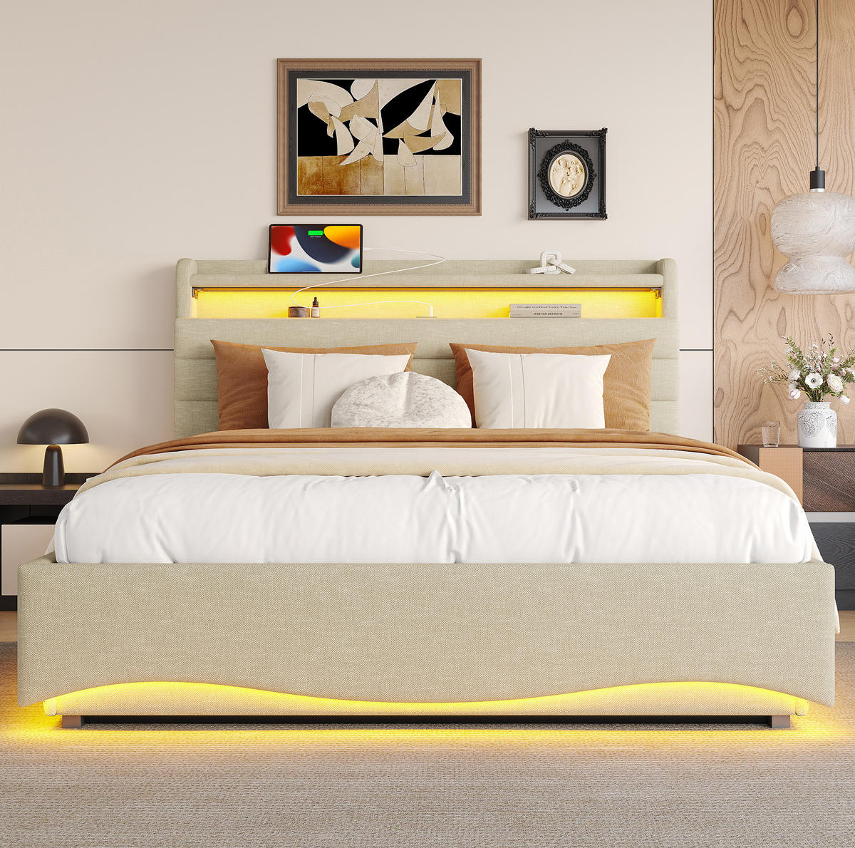 POLSTERBETT 140/200 cm grau aus Leinen mit LED und Stauraum - Grau, Textil (140/200cm) - OKWISH