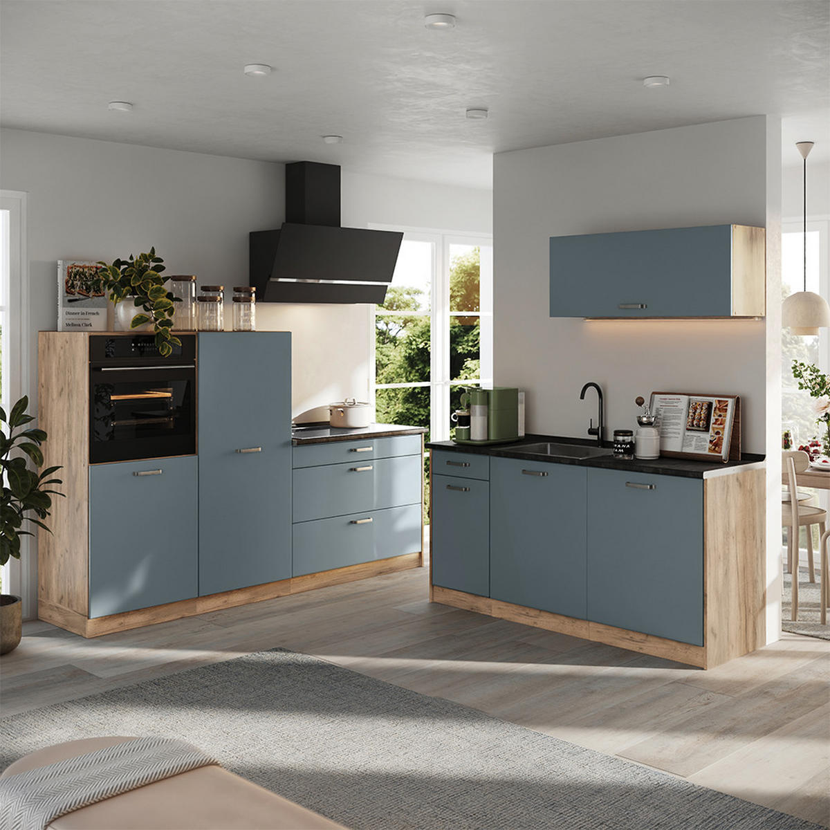 KÜCHENZEILE R-Line, Blau-Grau/Goldkraft Eiche, 220 cm ohne Arbeitsplatte - Eichefarben/Blaugrau, Holzwerkstoff (220/143/46cm) - Vicco