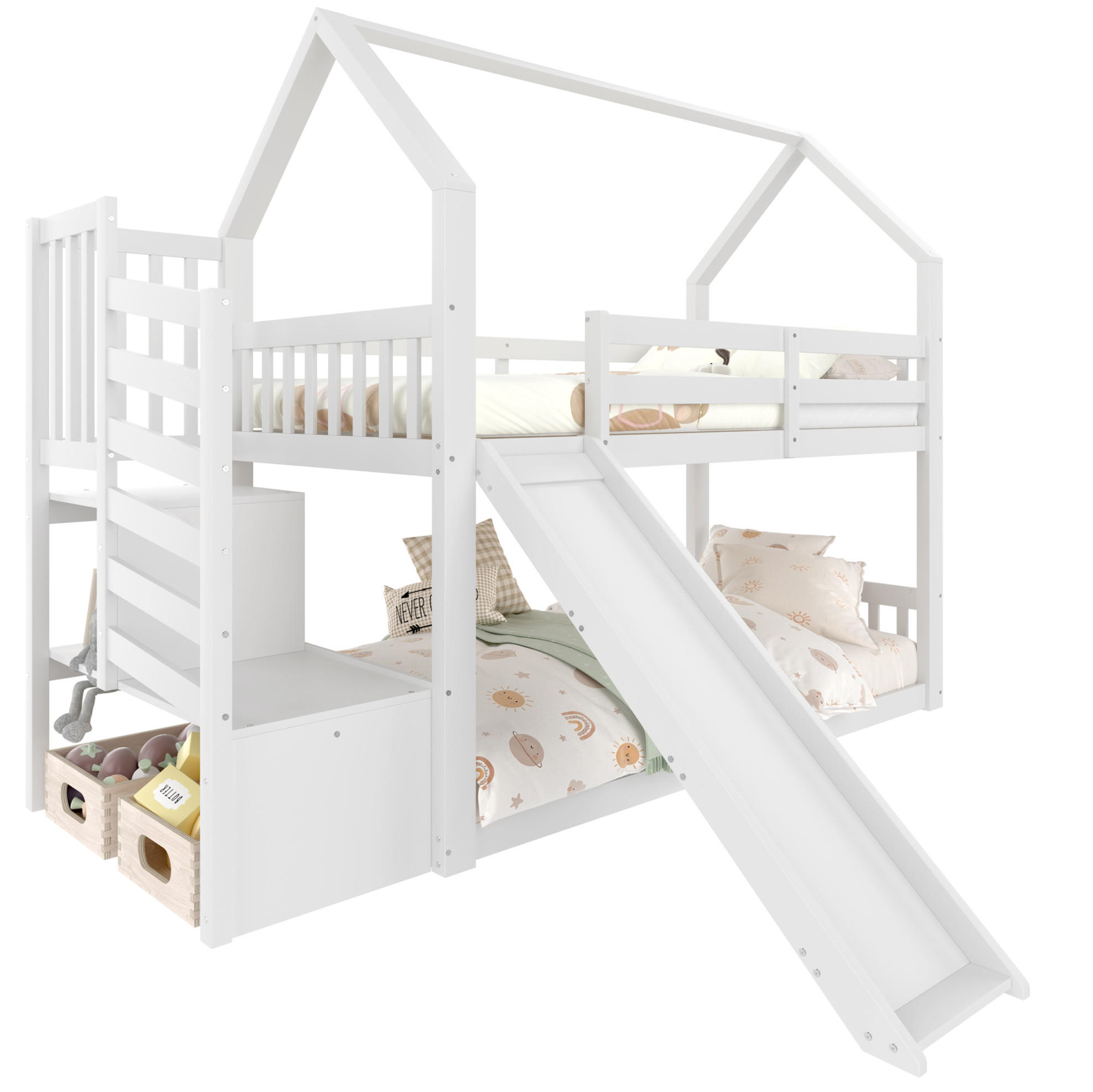 ETAGENBETT 90/200 cm Weiß mit Rutsche und Stauraumtreppe - Weiß, Holz (90/200cm) - Flora Grace