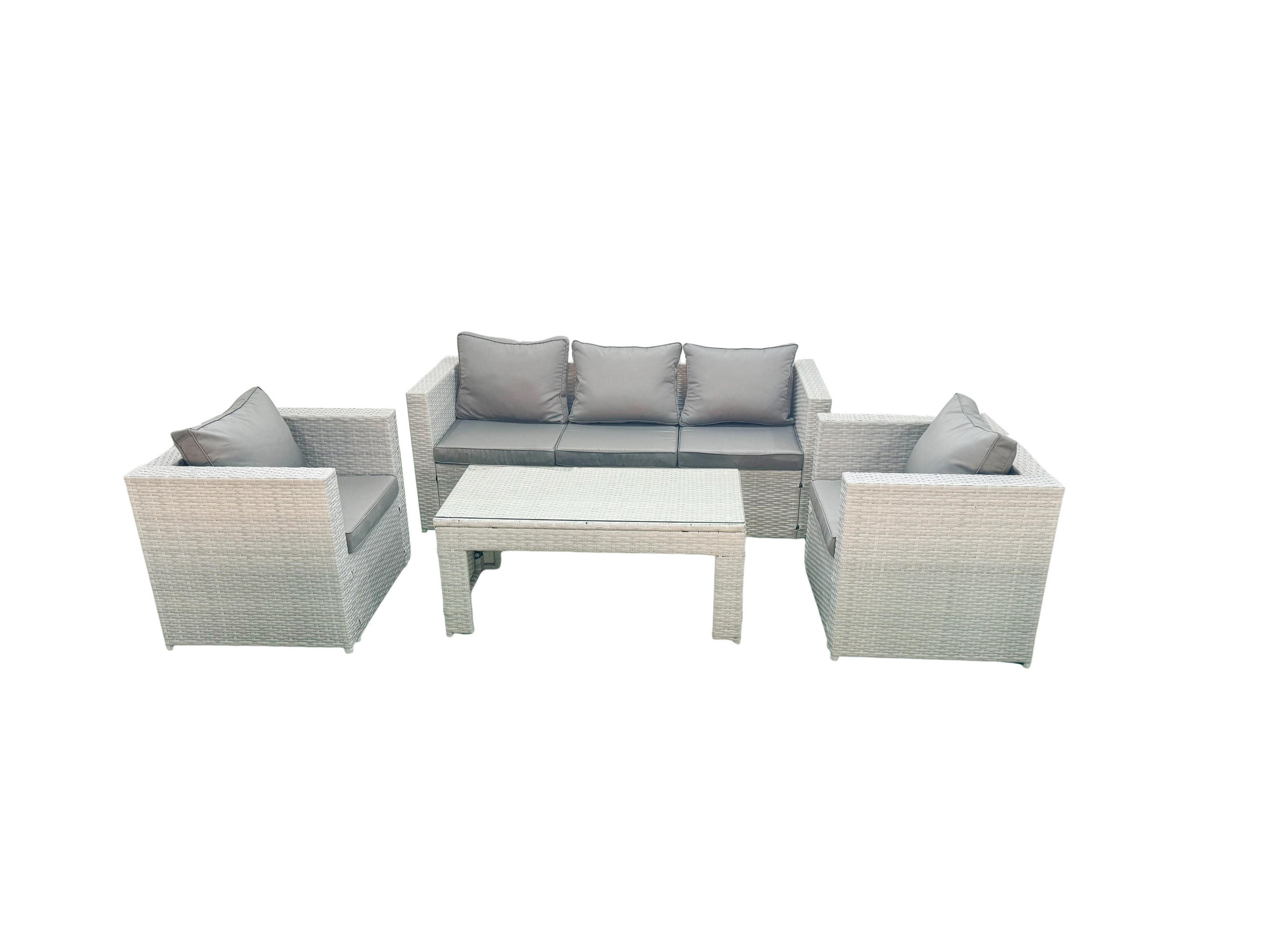 GARTENSET mit 3-SITZER SOFA,COUCHTISCH Polyrattan Hellgrau-Mix 5-Sitzer - Hellgrau/Grau, Glas/Kunststoff - Fimous