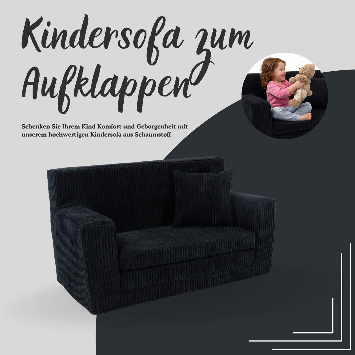 KINDERSOFA aus Kuschel-Cord in Schwarz - Schwarz, Textil (83/47/43cm) - Fortisline