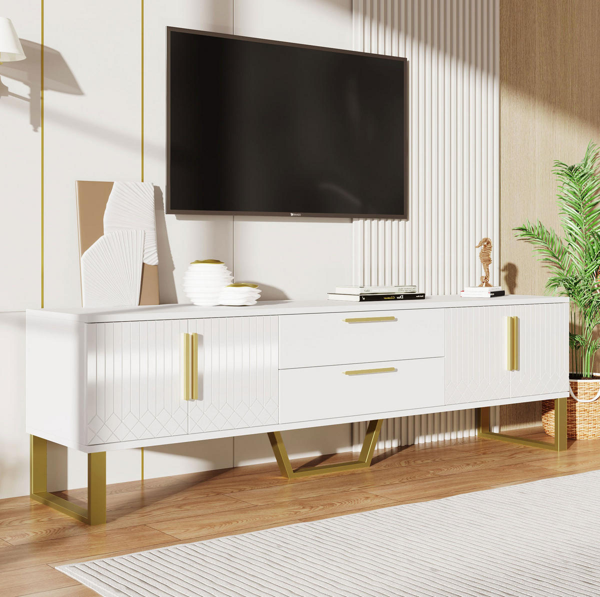 TV-SCHRANK Hochglanz 170 x 40 x 53,5 cm Weiß MDF mit 4 Türen - Weiß, Holzwerkstoff (40/53.5/170cm) - Beauniv