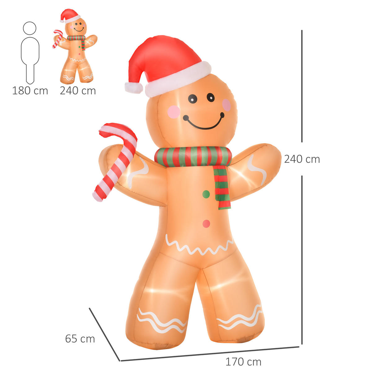 NAFUKOVACÍ perníkový panáček vánoční dekorace 2,4 m se světly polyester - žlutá, plast (65/240/170cm) - HOMCOM