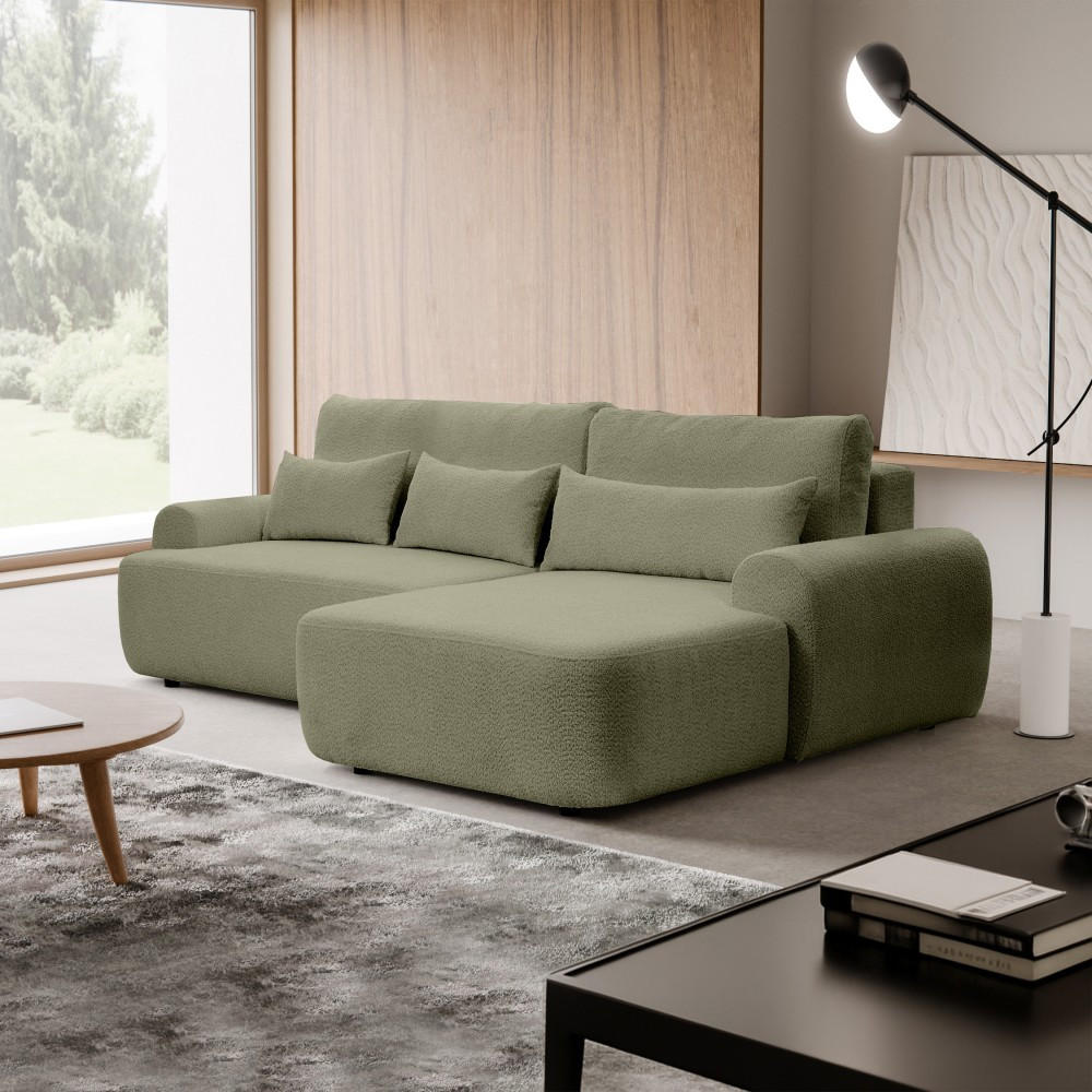 ECKSCHLAFSOFA Oliver im Bouclé-Gewebe, Hellgrün, rechts - Schwarz/Hellgrün, Textil (266/160cm) - Beautysofa