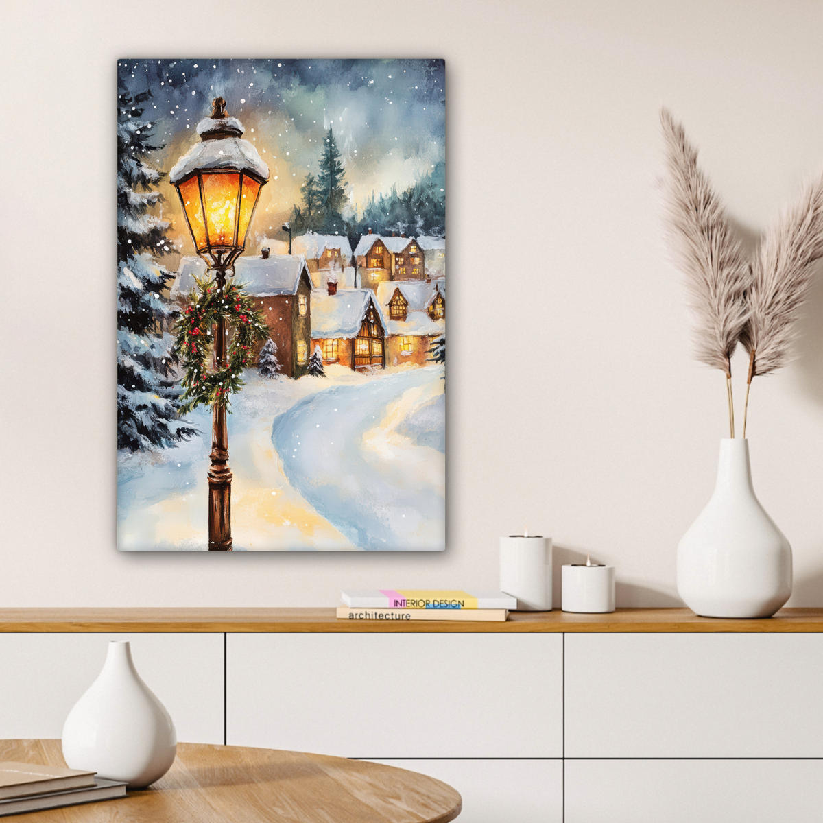 LEINWANDBILD Weihnachtsdorf - Häuser - Schnee - Weihnachten 40x60 cm - Sandfarben, Textil (40/60cm) - MuchoWow