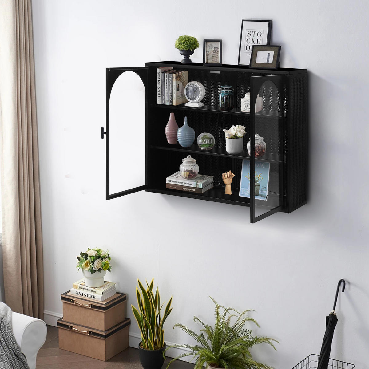 KÜCHENOBERSCHRANK 60/70/23 cm mit 2 Glastüren und 3 Ablagen im Flechtdesign, Schwarz - Schwarz, Glas (70/60/23cm) - Redom
