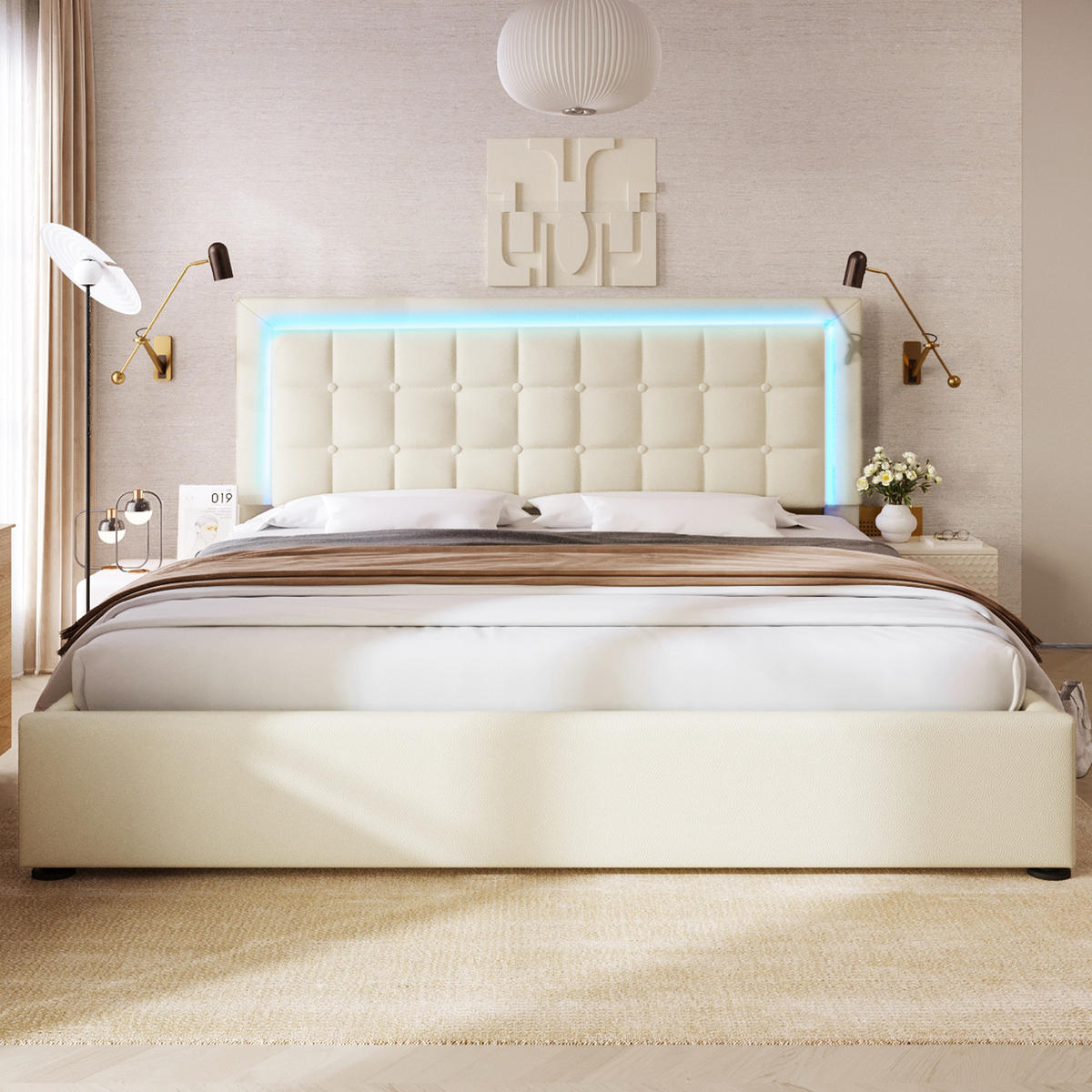 POLSTERBETT 140/200 cm mit LED-Beleuchtung, hydraulischem Stauraum und Lattenrost aus PU, Weiß - Weiß, Kunststoff (140/200cm) - Redom