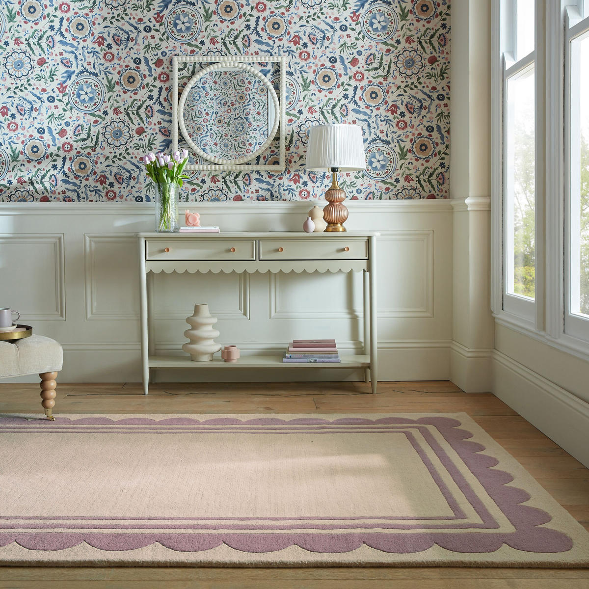 WOLLTEPPICH Grafisches Muster, Rahmen, Wohnzimmer schmutzabweisend Lila-Beige Rechteckig 120x170 - Lila, Textil (120/170cm) - KADIMA DESIGN