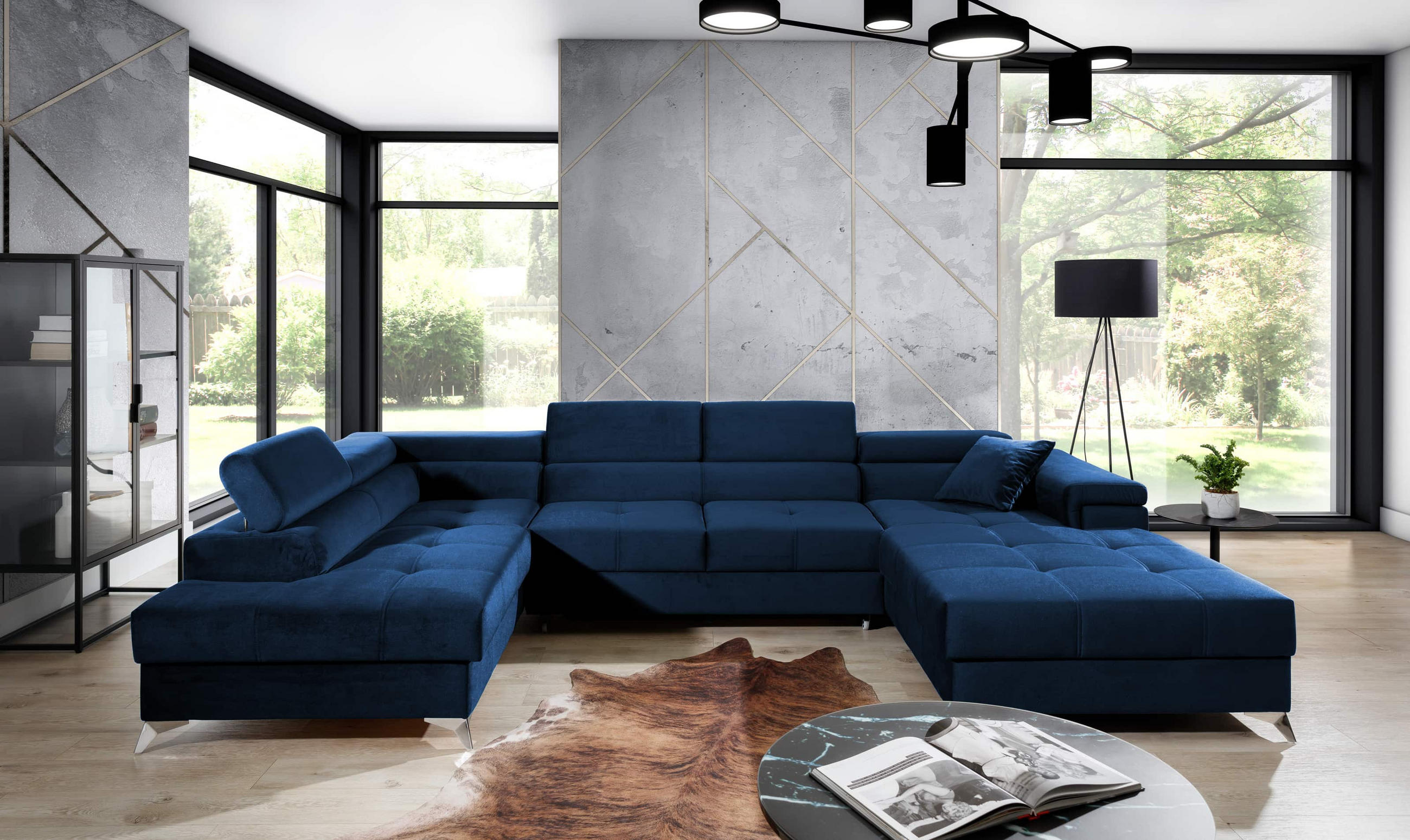 WOHNLANDSCHAFT mit Schlaffunktion und Bettkasten, Kronos-Stoff - Chromfarben/Dunkelblau, Textil/Metall (345/90/202cm) - Eltap