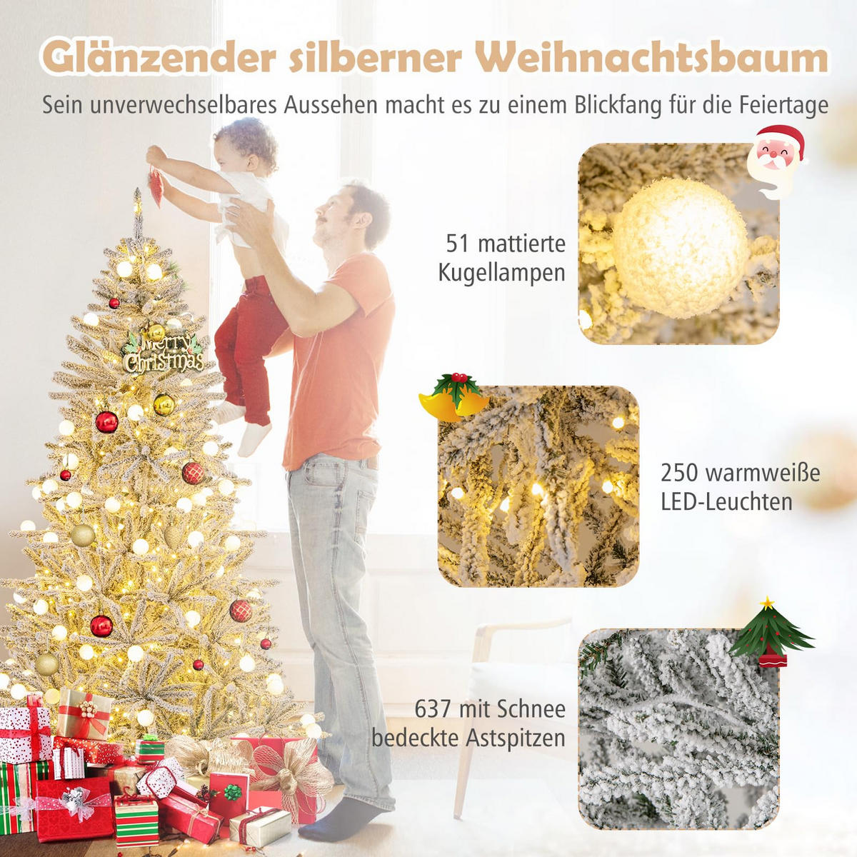 WEIHNACHTSBAUM mit Beleuchtung und Schnee Fernbedienung und Timer 180 cm weiß - Weiß, Metall (180cm) - COSTWAY