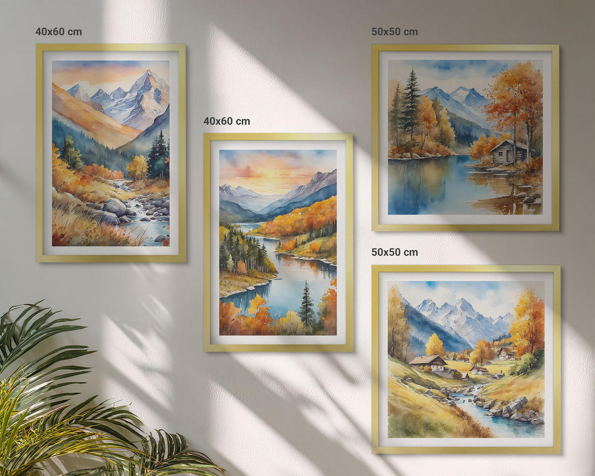 BILDER SET 4er Set - 50x50 cm & 40x60 cm Goldrahmen - Berglandschaft mit einem Fluss - Goldfarben, Kunststoff (50/50cm) - TULUP
