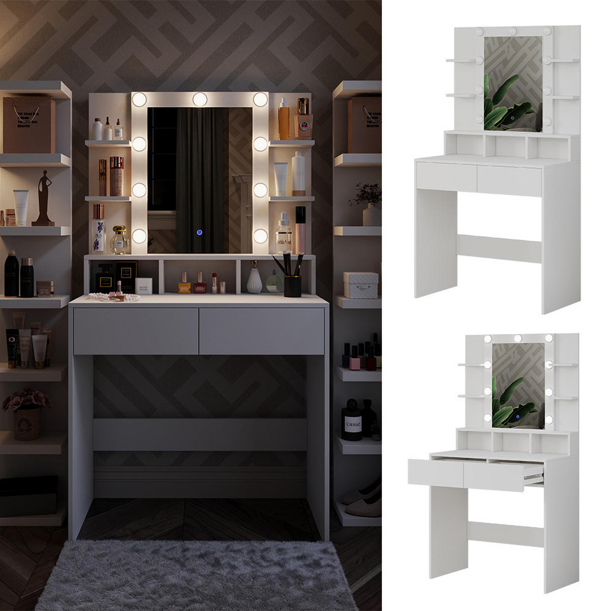 SCHMINKTISCH Taylor Weiß 80 cm mit LED Beleuchtung - Weiß, Holzwerkstoff (80/146.5/40cm) - Vicco