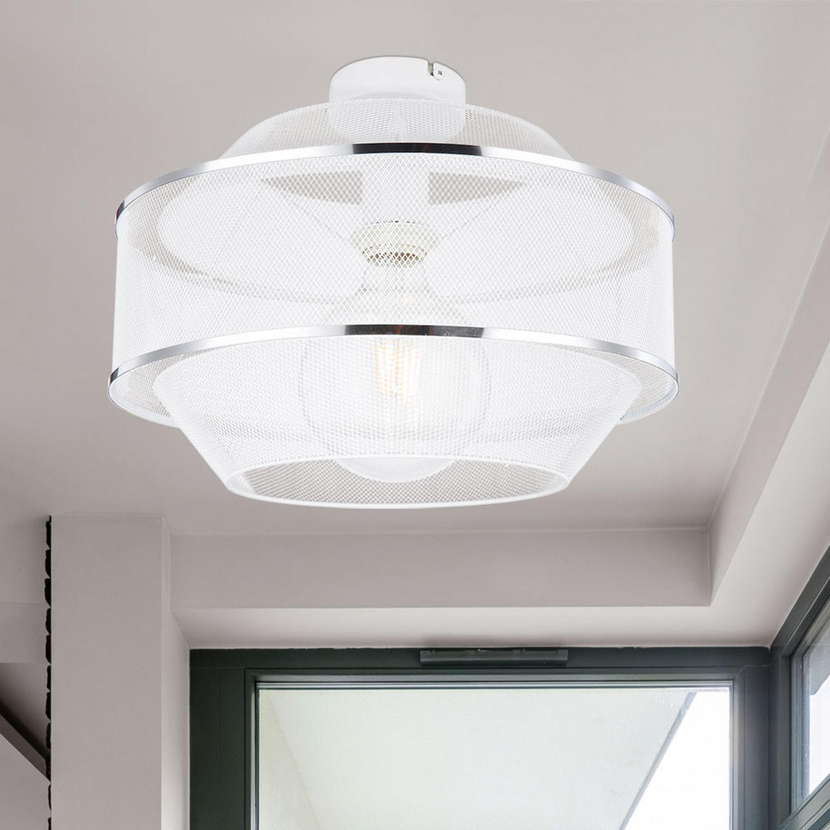 DECKENLEUCHTE Gitter Weiß Chromring Rund - Weiß, Metall (35/35/26cm) - Globo Lighting