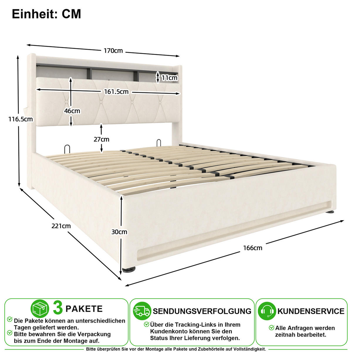 POLSTERBETT 160/200 cm in Beige mit Bettkasten, LED, USB und Type-C aus Samt - Beige, Holzwerkstoff/Textil (160/200cm) - CHICFURN