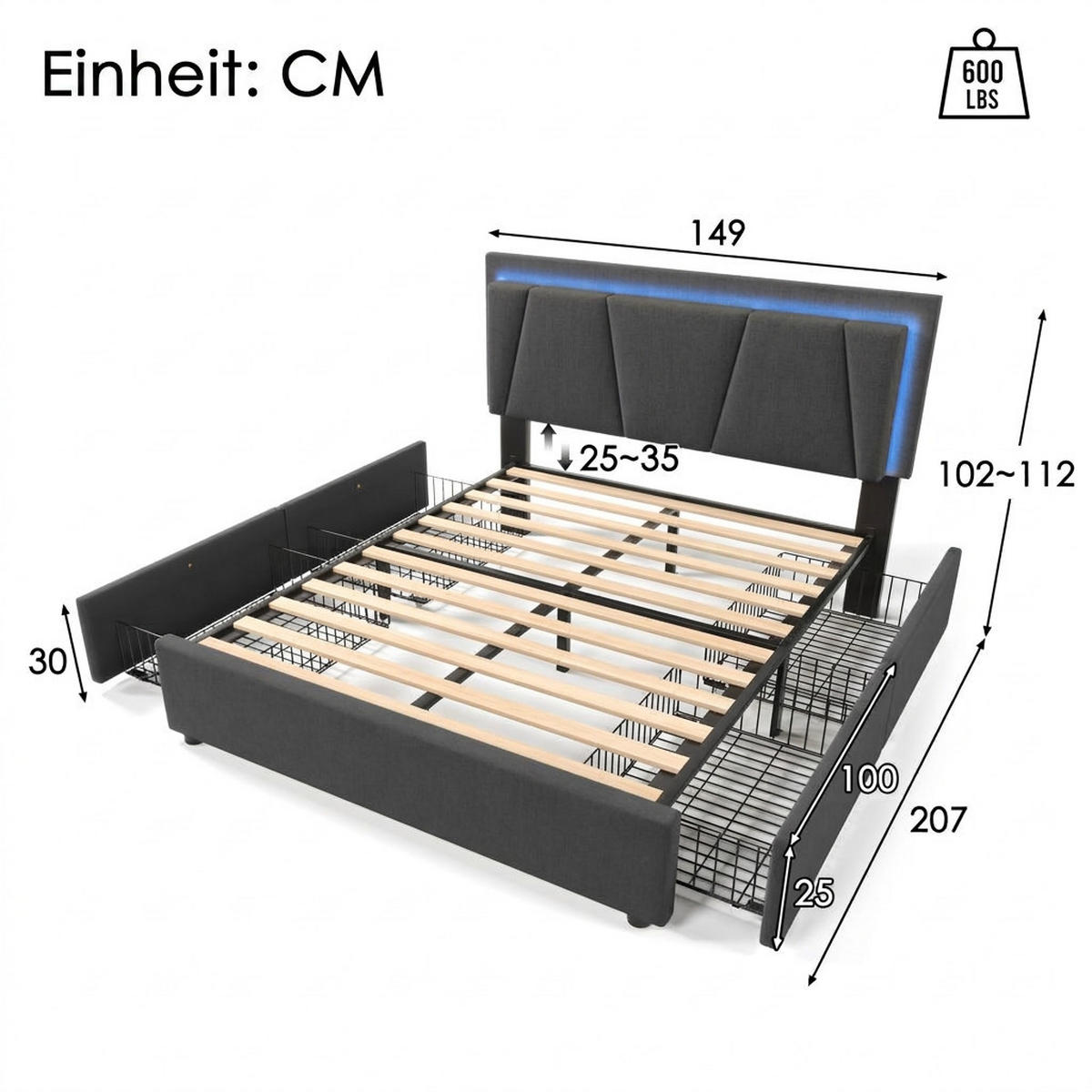 POLSTERBETT 140/200 cm Grau mit LED-Beleuchtung und 2 Schubladen - Grau, Textil (140/200cm) - Oxeza