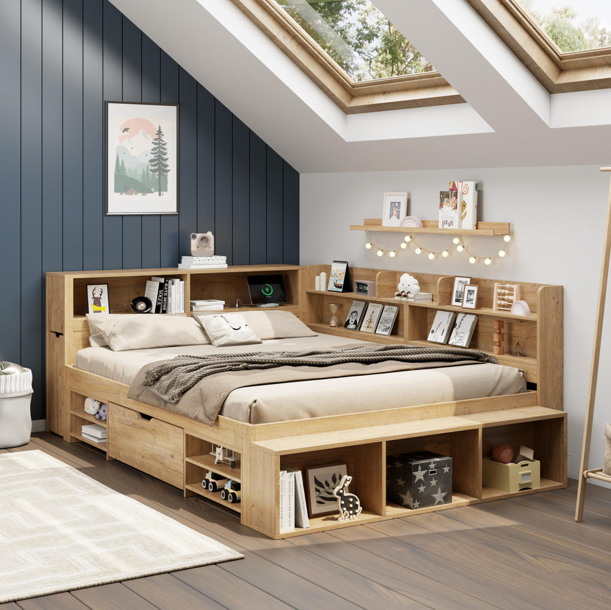 KINDERBETT 140/200 cm aus Sperrholz mit Stauraum, Regalen und Nachttisch, Natur - Naturfarben, Holzwerkstoff (140/200cm) - Redom
