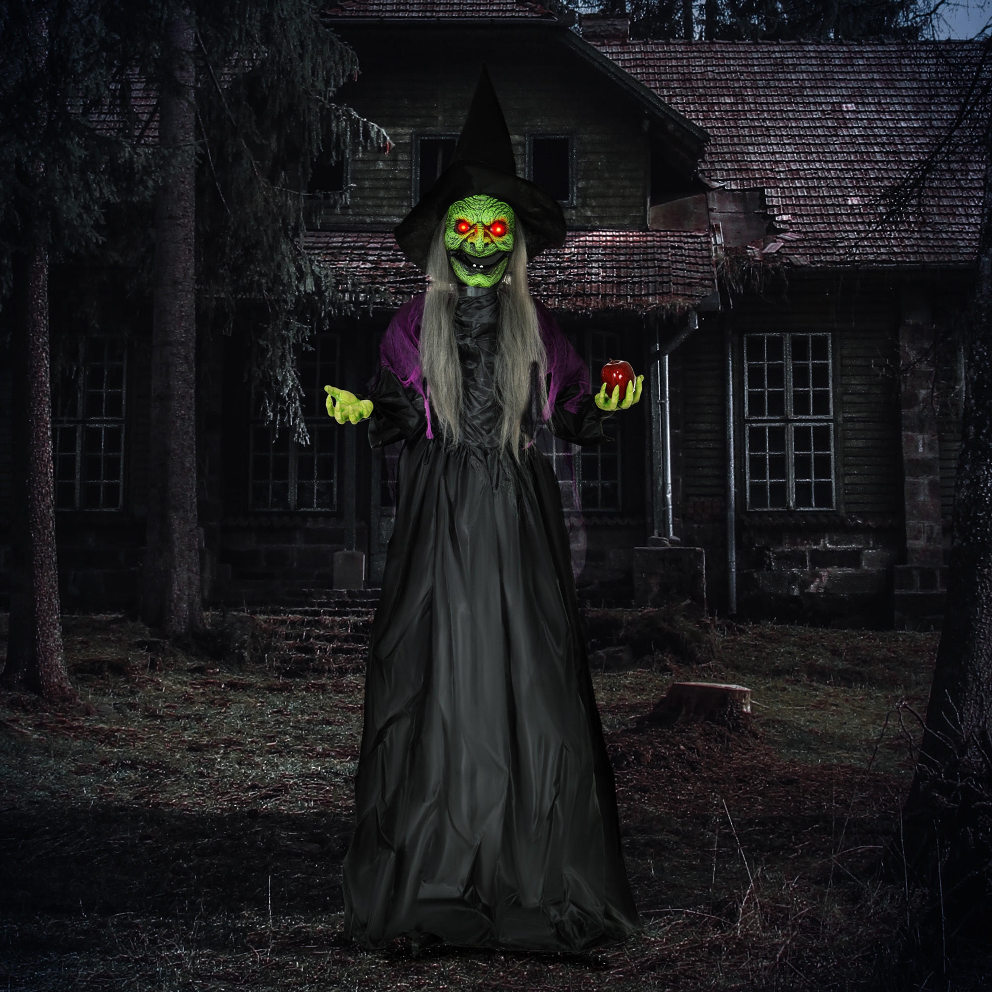 HALLOWEEN DECORATIONS 180cm Halloween-Hexe mit Giftapfel LED-Lichter, Soundfunktion - Schwarz, Kunststoff/Metall (70/180/18cm) - HOMCOM