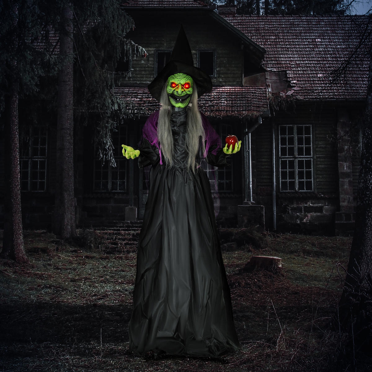HALLOWEEN DECORATIONS 180cm Halloween-Hexe mit Giftapfel LED-Lichter, Soundfunktion - Schwarz, Kunststoff/Metall (70/180/18cm) - HOMCOM