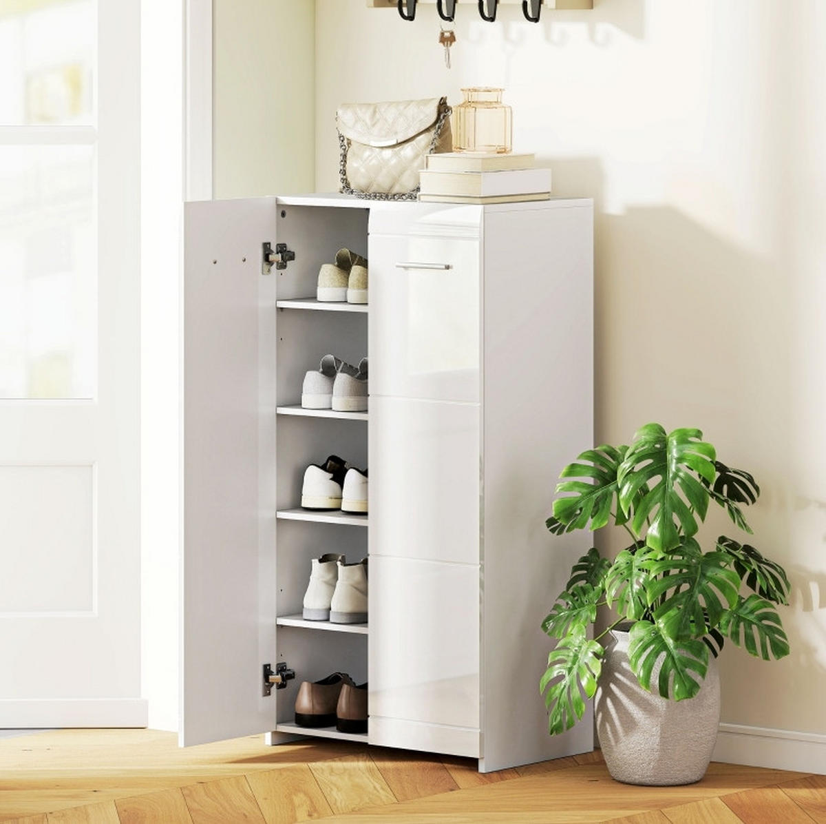 SCHUHSCHRANK 36/55/108 cm mit verstellbaren Regalböden aus Holzwerkstoff und Türen, Weiß Hochglanz - Weiß, Holz (55/108/36cm) - Redom