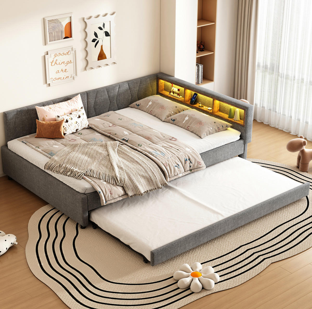 POLSTERBETT 140/200 cm grau aus Leinen mit Ausziehbett und USB - Grau, Textil (140/200cm) - OKWISH