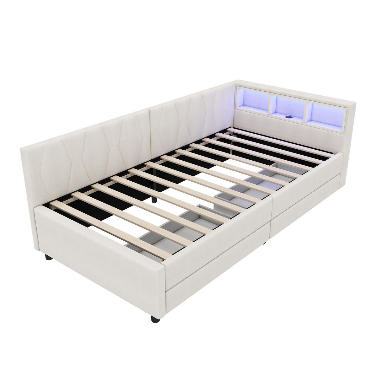 ČALÚNENÁ posteľ z ľanu a MDF 90x200 cm béžová s LED osvetlením, USB+Type C a úložným priestorom - béžová, textil (90/200cm) - Modfu