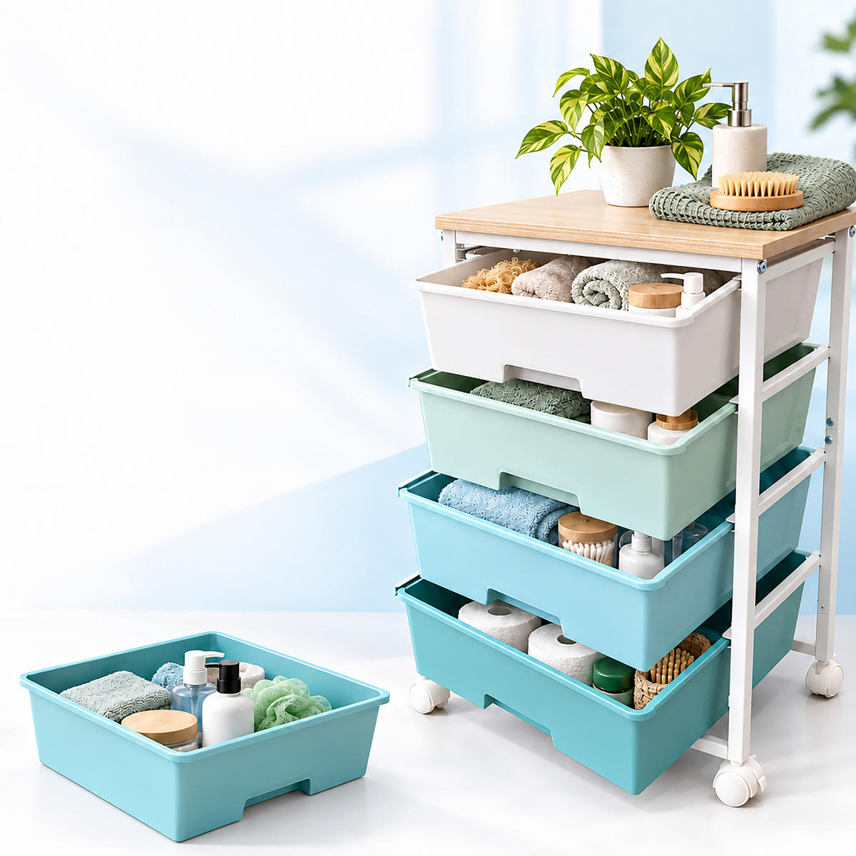 ROLLWAGEN Grün 4 Kunststoffschubladen - Multicolor, Holzwerkstoff/Kunststoff (38.5/77/28.5cm) - Relaxdays