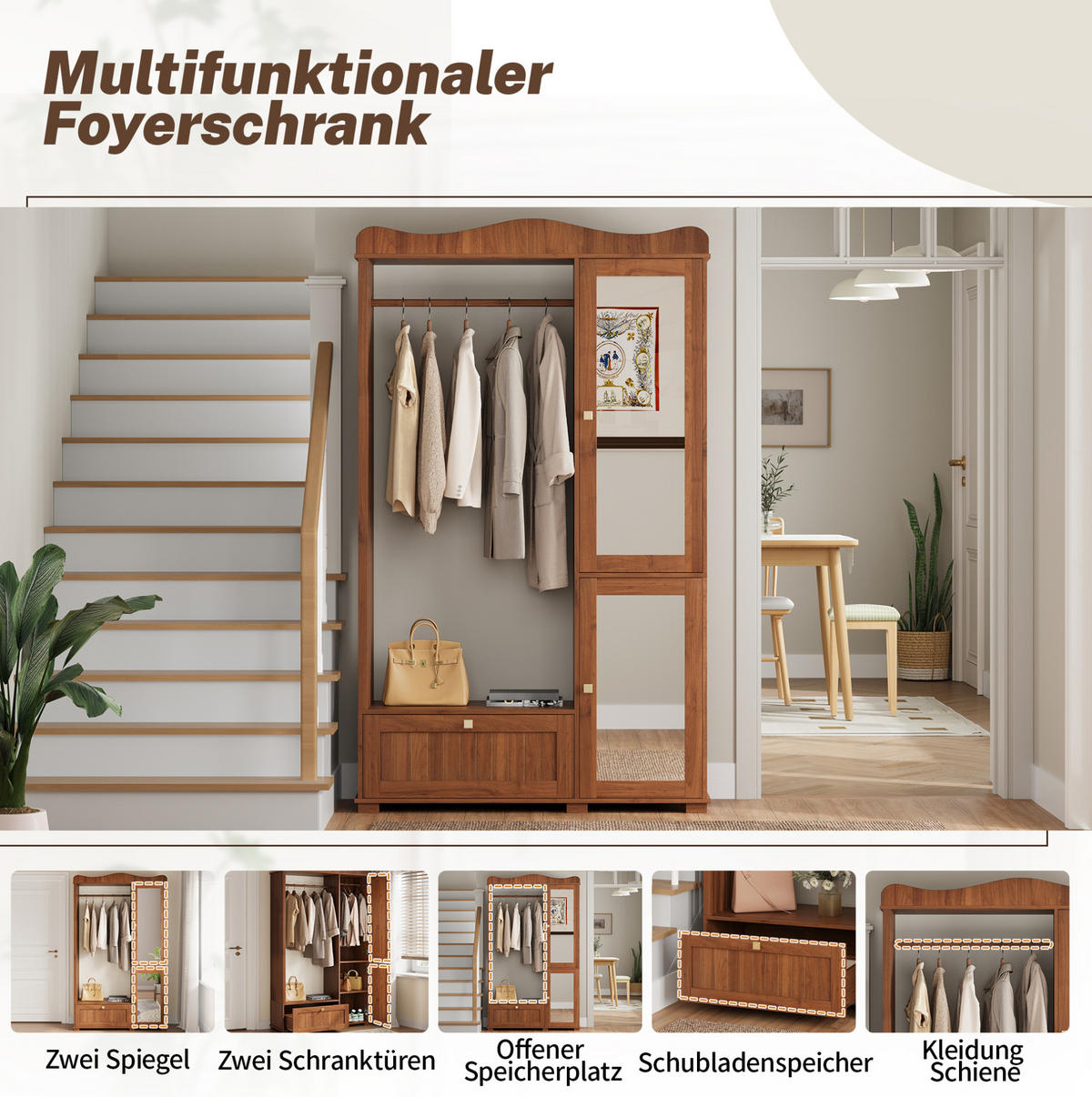 GARDEROBENSCHRANK 115,5/38,5/194,5 cm mit Spiegel, offener Kleiderstange und Schublade aus MDF, Nussbaum - Walnussfarben, Holzwerkstoff (115.5/194.5/38.5cm) - Redom