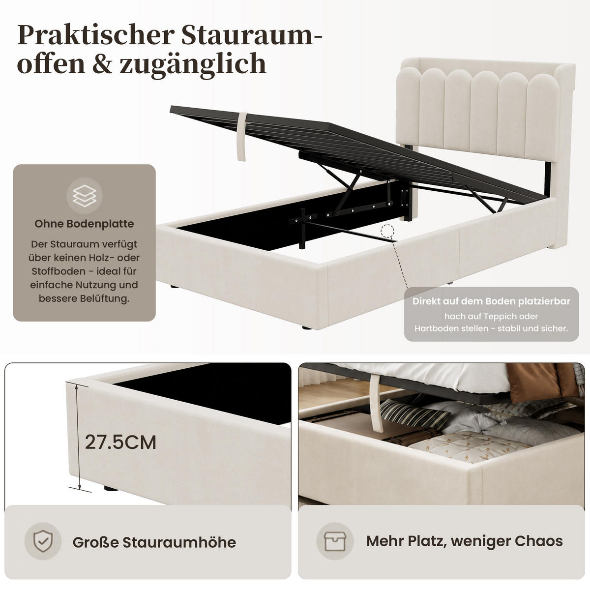 POLSTERBETT 90/200 cm in Beige mit Bettkasten, USB, Type-C und Leselampe aus Samt im Kopfteil - Beige, Holzwerkstoff/Textil (90/200cm) - STILVORA