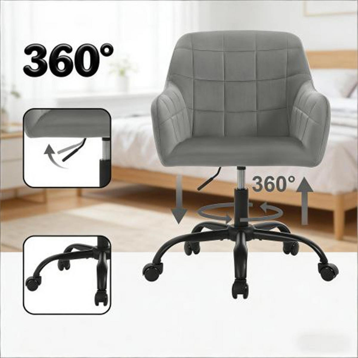 DREHSTUHL Klassisch Dunkelgrau, Metall & Samt, drehbar & rollbar, 60,5 x 58 x 85 cm - Grau, Metall (60.5/85/58cm) - Albatros