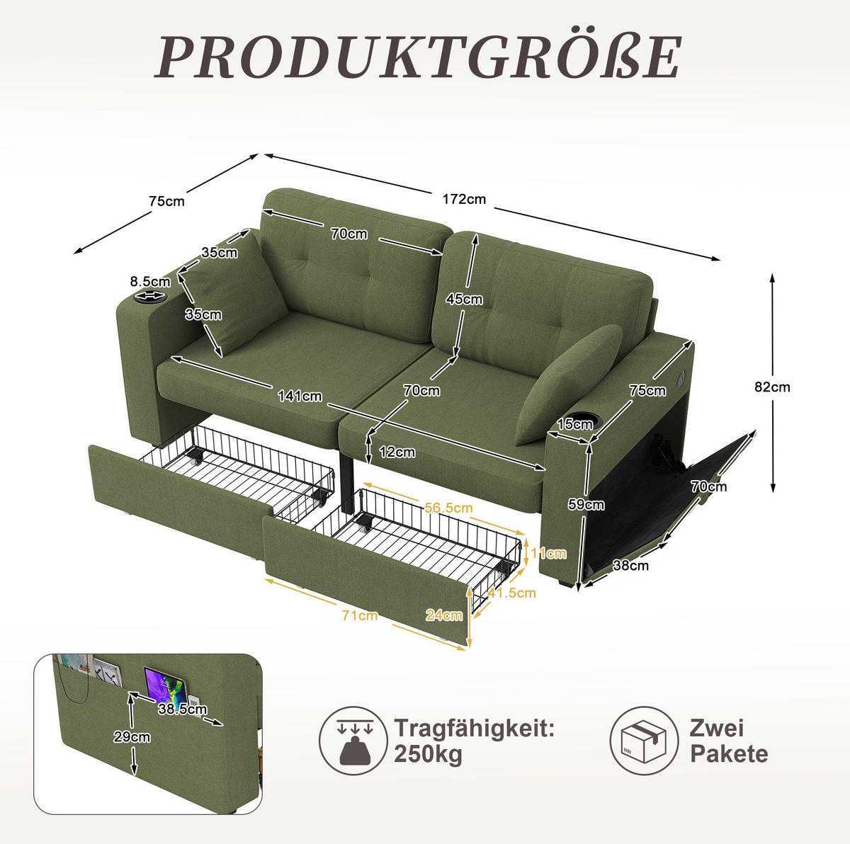 DVOUMÍSTNÁ pohovka 172/75/82 cm olivová z chenille s USB nabíjením, držáky na nápoje a úložnými zásuvkami - šalvějově zelená, textil (75/82/172cm) - OKWISH