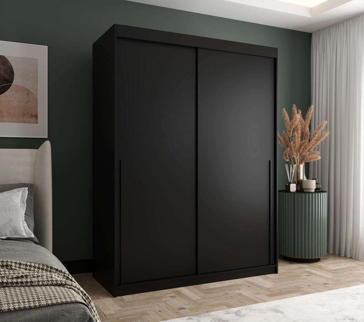 SCHWEBETÜRENSCHRANK 150 cm Breite, schwarz mit schwarzem Griff - Schwarz, Holzwerkstoff (150/200/62cm) - Home Collective