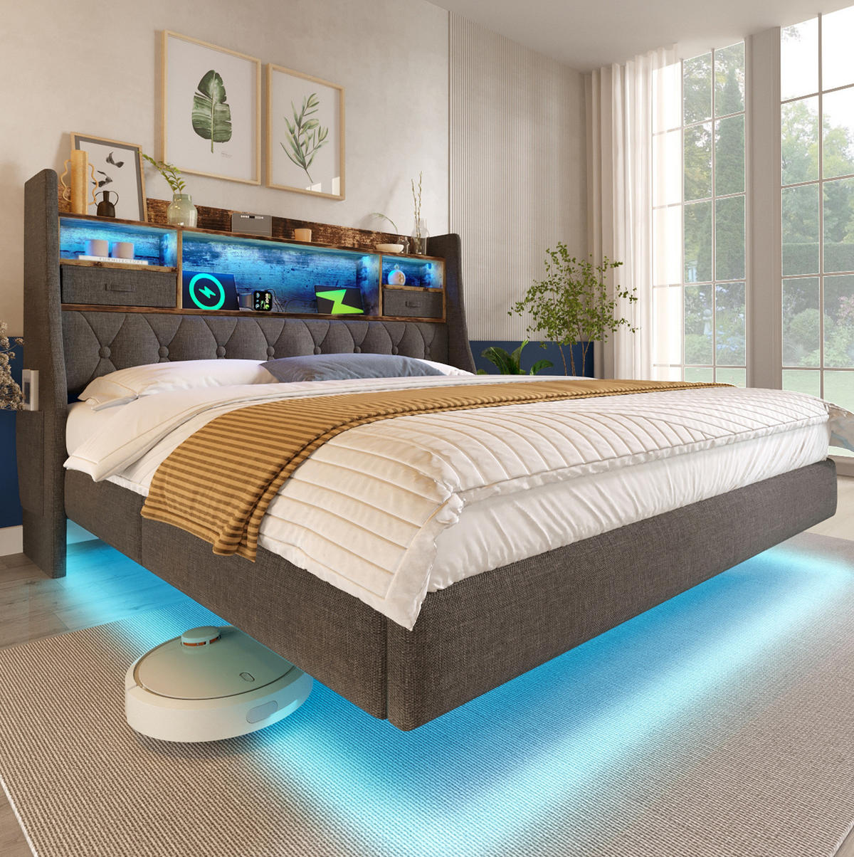BETT mit LED und Ladestation 180x200 cm Leinen Grau - Grau, Holz (180/200cm) - Meubliv
