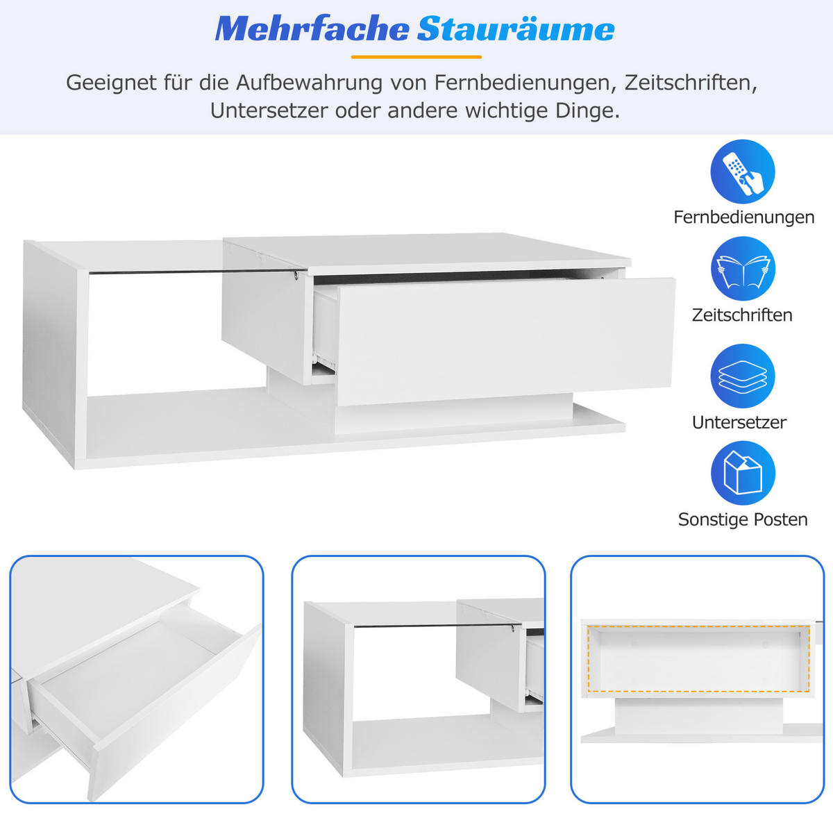 COUCHTISCH aus Spanplatte 100x50x32 cm Weiß mit LED & Schublade - Weiß, Holzwerkstoff (100/50/32cm) - Modfu