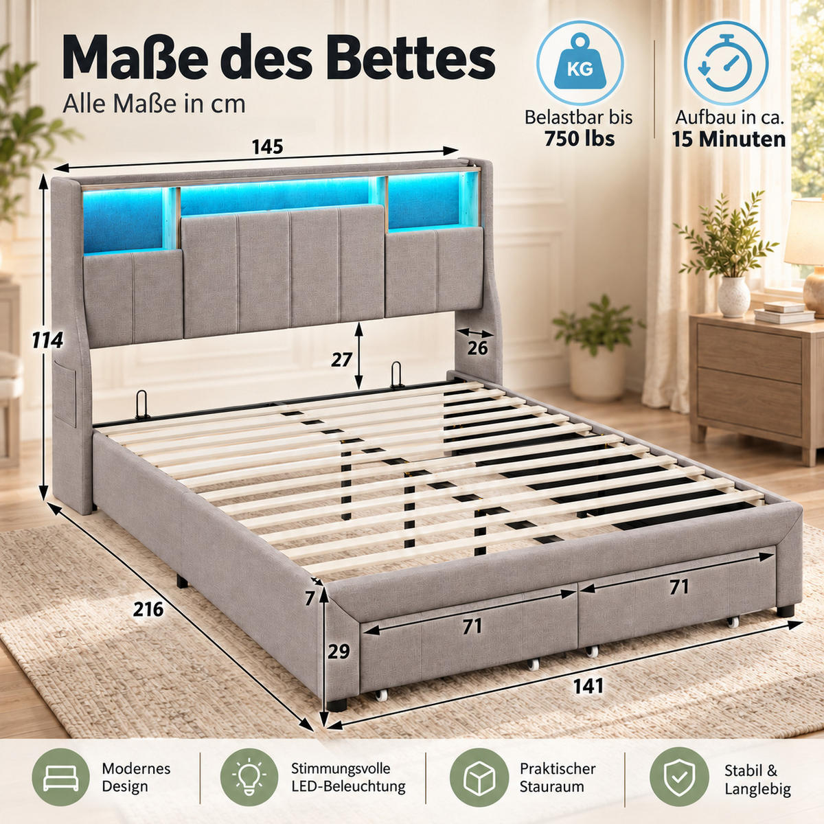 POLSTERBETT 140/200 cm mit zwei rollengeführten Schubladen am Fußende, großem Ablagekopfteil mit blauem LED-Licht & USB-Anschluss, Leinenoptik-Bezug - Grau, Holz/Metall (140/200cm) - Joyfair