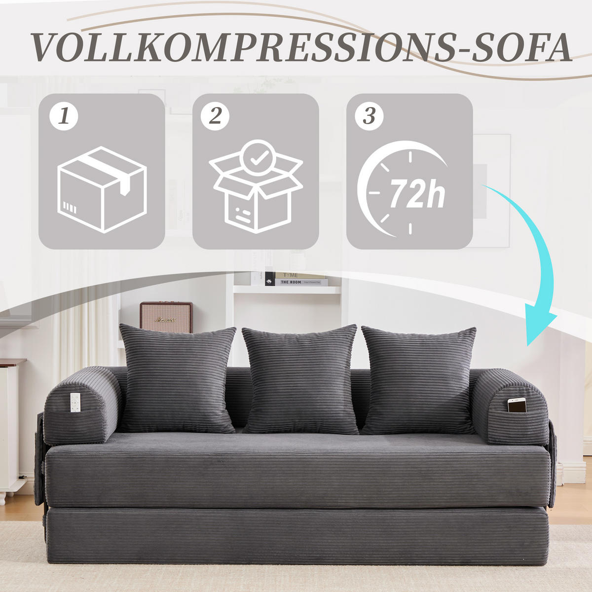 SCHLAFSOFA 200/94/67 cm Dunkelgrau mit Seitentaschen plus und 3 Kissen - Dunkelgrau, Textil (200/67/94cm) - Oxeza