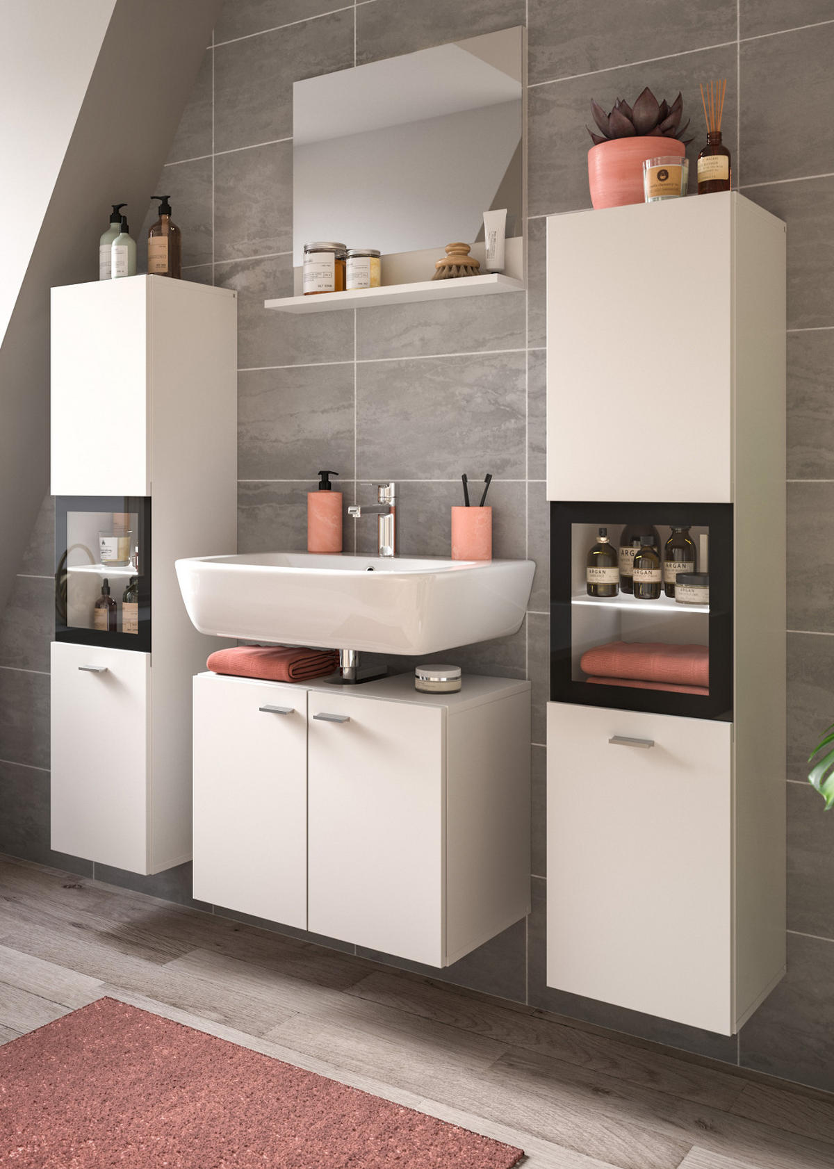 BADMÖBEL-SET weiß 4-teilig 140 cm, Kombination hängend oder stehend - Weiß, Glas/Holzwerkstoff (137/186/33cm) - Inn.Furn