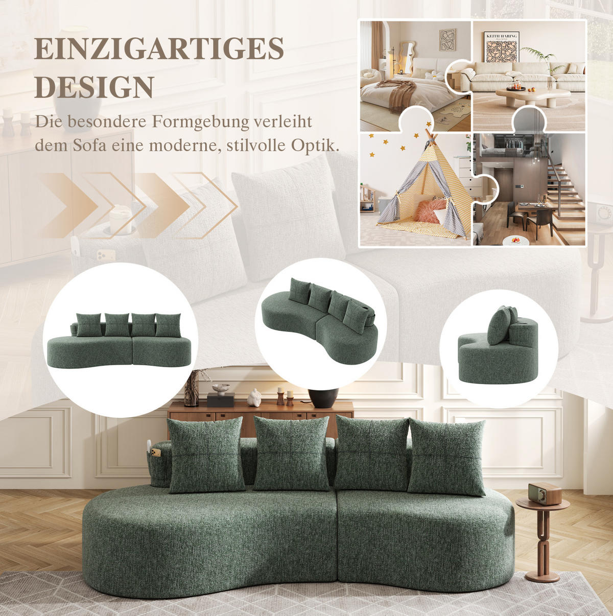 SOFA 240/109/63 cm in Grün aus Leinen mit 4 Kissen, Becherhaltern und Taschen - Grün, Textil (109/63/240cm) - Flora Grace