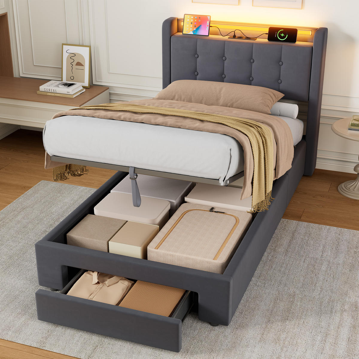 POLSTERBETT 90/190 cm mit LED Beleuchtung USB Anschlüssen und Stauraum - Grau, Textil (90/190cm) - BEAOK