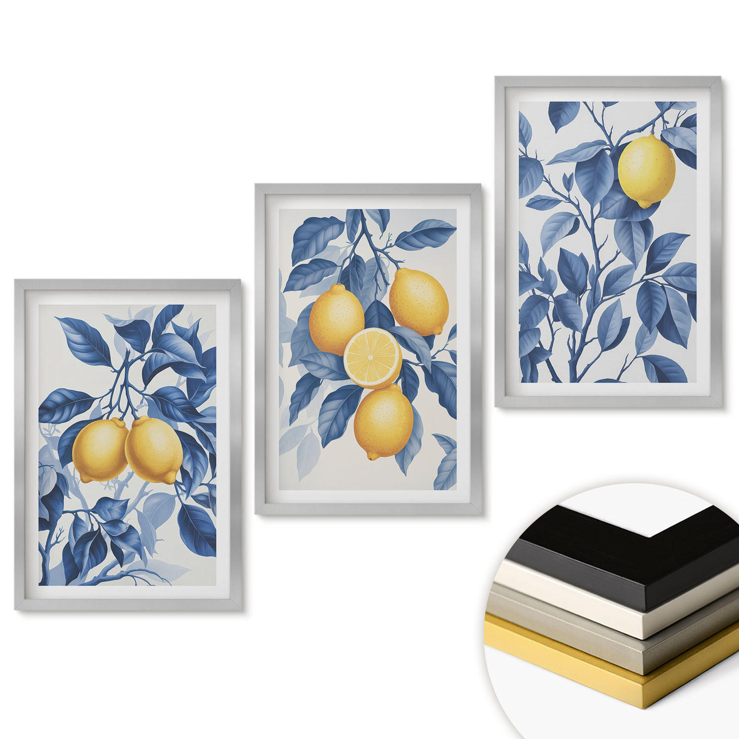 WANDBILDER 3er Set - 40x60 cm Silberner Rahmen - Zitronenzweige mit blauen Blättern - Silberfarben, Kunststoff (40/60cm) - ArtPrintCave