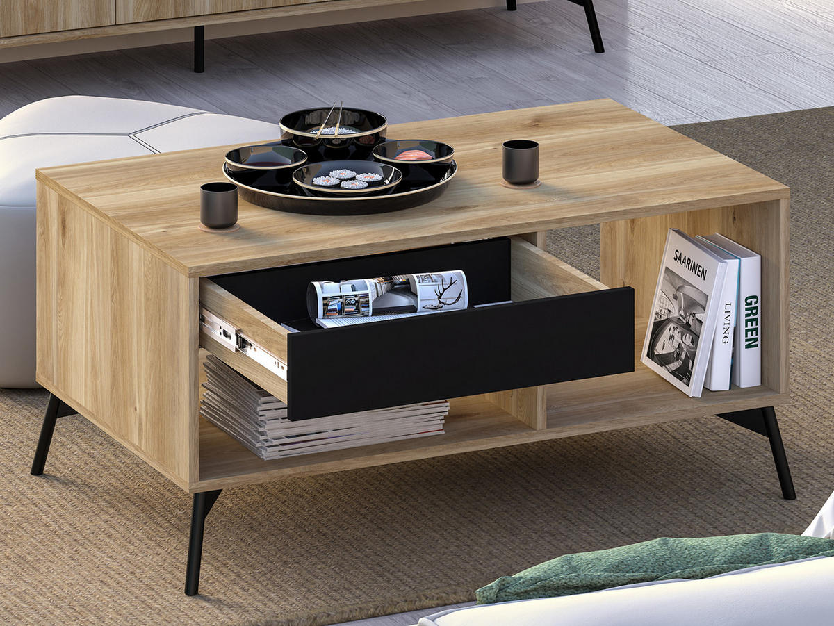 COUCHTISCH Agis Eiche castello / schwarz 100 / 60 / 48cm - Schwarz/Braun, Holzwerkstoff (60/100/48cm) - Feldmann-Wohnen